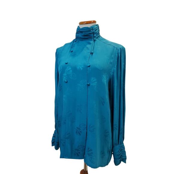 The Silk Farm Vintage Blue Embossed High Neck 1970s Elegant Blouse Size 8 - Picture 2 of 16